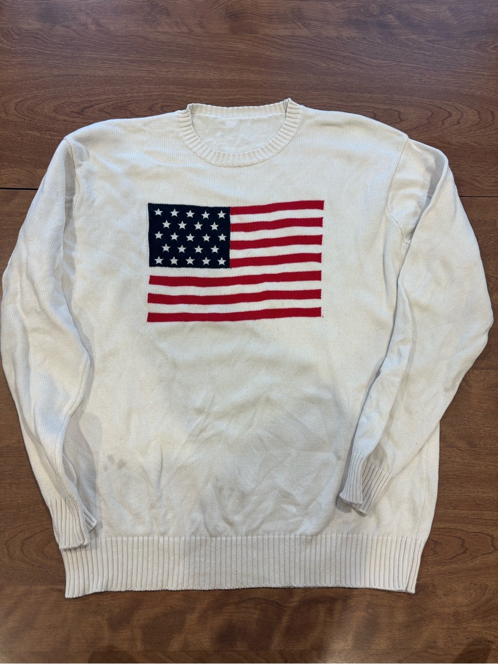 Women’s Cream Crewneck Sweater with American Flag 100% Cotton